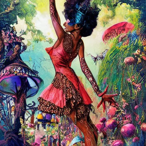 Image similar to josephine baker in alice in wonderland tripping on lsd, intricate detail, painting, royo, frazetta, whealan,