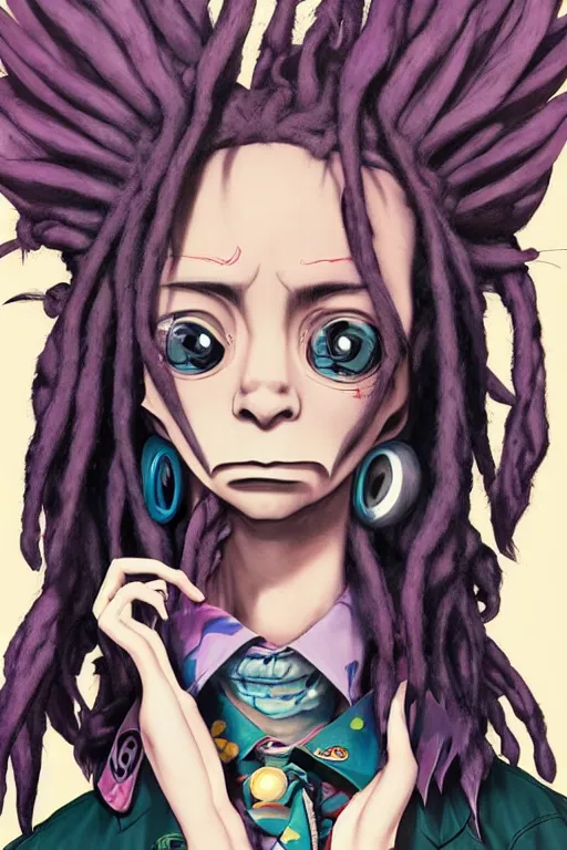 Image similar to kawaii pastel goth guy with dreads and eccentric clothing by jamie hewlett and artgerm, cel shading, toon shading, detailed,