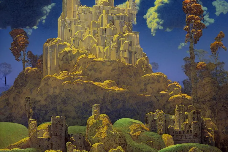 Image similar to a castle made of giant books, fantasy digital painting by maxfield parrish and michael whelan, intricate, photorealistic