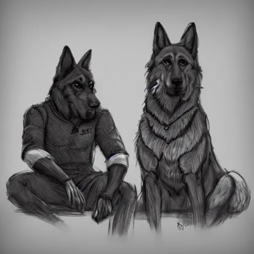 Image similar to two humanoid german shepherds beast - men, sitting on a couch and hugging together, artstation, concept art, smooth, sharp foccus ilustration, artstation