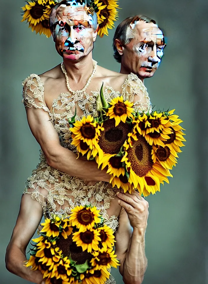 Image similar to photo portrait of Vladimir Putin - sunflowers - dressed in long elegant intricate ornamental sunflower dress, natural skin tone, highly detailed realistic flowers ornament in the upper side of breast, hair and wrinkles are intricate with highly detailed realistic flowers, elegant, Realistic, Refined, Highly Detailed, natural soft pastel lighting colors scheme, fine art photography by Cecil Beaton, volumetric lighting, hyper realistic photography