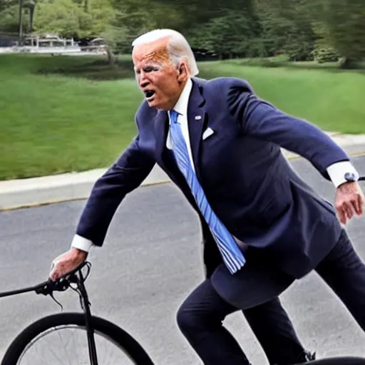 Prompt: full body shot ultra realistic photo of joe biden falling off of his bike in front of donald trump, film, perfect face, in the style of a candid photo, perfect face