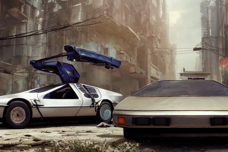 Image similar to highly detailed photorealistic rendering of a delorean parked on the streets of a cyberpunk abandoned city with the door open, futuristic post - apocalyptic vibe, by greg rutkowski and stanley artgerm and alphonse mucha, octane, sharp focus, hyperrealistic, unreal engine 5, vray, masterpiece