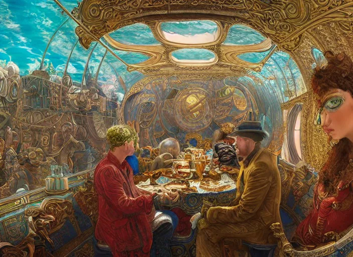 Image similar to incredibly beautiful breaktakingly detailed painting of the inside of the ornate underwater train to atlantis, various amazingly wonderful bizarre cool weird characters sat down, extreme closeup, by ford maddox brown and kilian eng and william powell frith and frederic leighton, ultra wide angle, 4 k