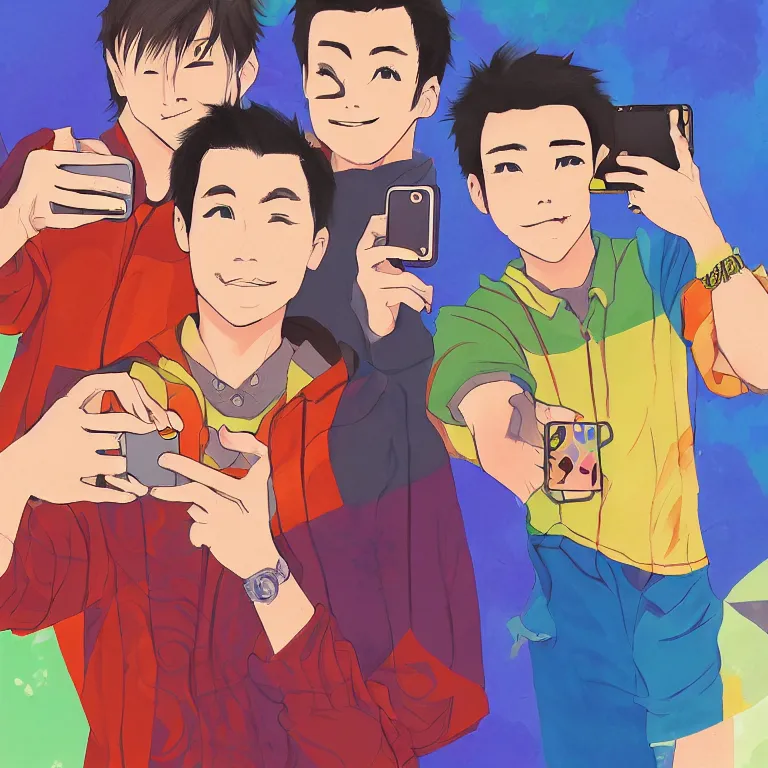 Image similar to a detailed colorful illustration of three guys ( daichi, sugawara, asahi ) posing for a selfie by timothy kong, trending on artstation