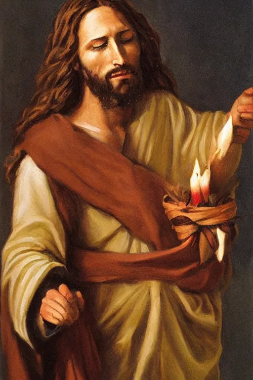 Image similar to painting of jesus christ with blindfold!!!!!! holding cornucopia!!!!!!