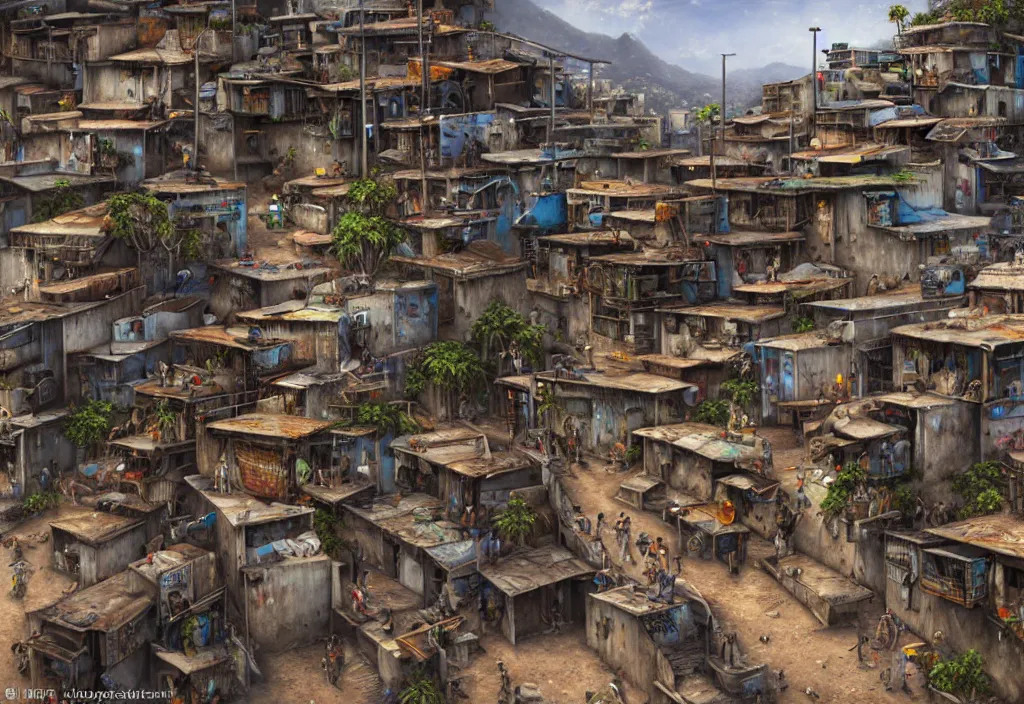 Image similar to photorealistic favela rio with precise rendered guns arsenal with intricate details of gun happy people in by Justin Gerard