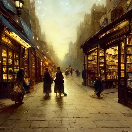 Prompt: jean-Baptiste Monge and Solomon Joseph Solomon and Richard Schmid and Jeremy Lipking victorian genre painting painting of an english 19th century english bookshop store front on a stone city streat with shops and stores at night with cozy lights