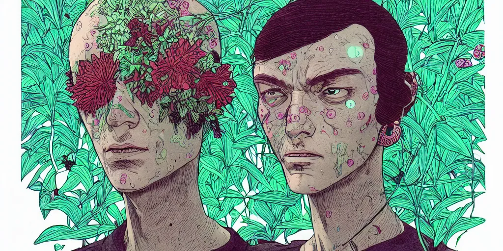 Image similar to risograph grainy drawing futuristic sci - fi antagonist face wearing earrings, photorealistic colors, face covered with plants and flowers, by moebius and satoshi kon and dirk dzimirsky close - up portrait, hyperrealistic