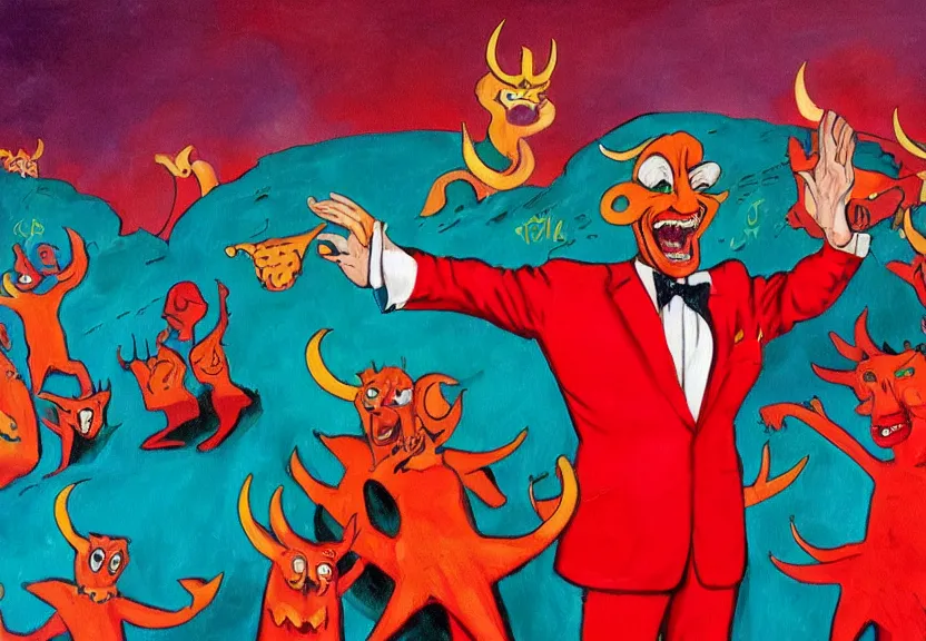 Prompt: A retro 1980s game show being hosted by a charming-looking horned Satan devil in a colorful red suit at center-stage, in front of a live studio audience of demons and strange creatures in the bleachers, in the middle of a cavernous firey molten landscape of Hell, oil on canvas, painting, cohesive, stylistic, trending on Artstation, 4k, wide shot