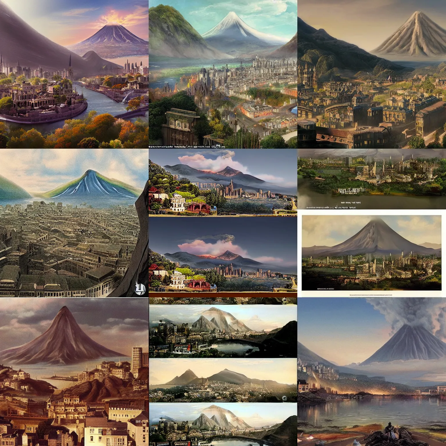 Prompt: beautiful matte painting, the city of riverburn was built in the shadow of an enormous mountain and is truly an architectural phenomenon. its appearance is matched by the backdrop of a dorment volcano which have helped shape the city to what it is today.