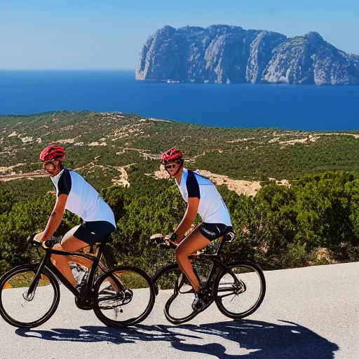 Prompt: 3 friends on professional road bycycles riding in the mountains of Mallorca, sea in the background, 4k