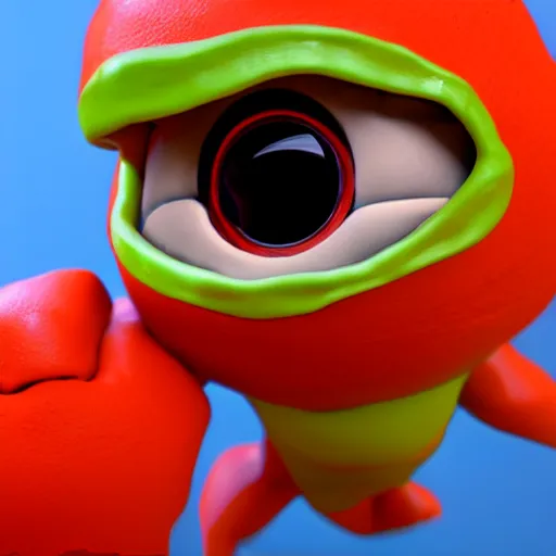 Image similar to photo of a comically tiny clay model of an angry baby rocky magma creature with a volcanic body and large childlike eyes leans close to the camera, fish eye lens, 4 k, hyper realistic, hyper detailed face, octane render, comedic, cute