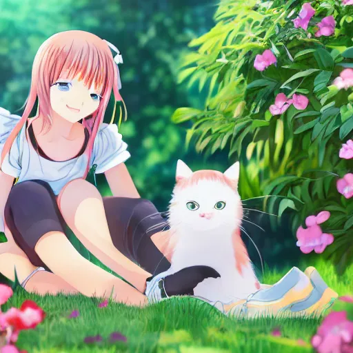 Image similar to anime girl with cat sitting in garden on hot summer, 8k, high quality,