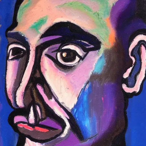 Prompt: an expressionism face portrait of a man used with Impasto, dark blues purples and pinks, detailed