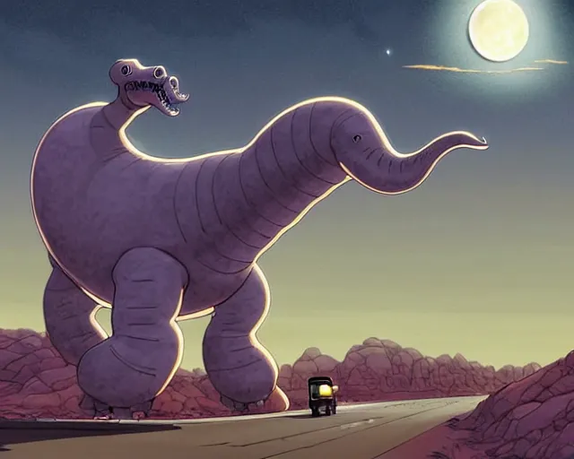 Image similar to a cell shaded cartoon giant grey lovecraftian mechanized brontosaurus from howl's moving castle ( 2 0 0 4 ), with a big head, on a desert road, wide shot, in front of a big moon, muted colors, post grunge, josan gonzales, wlop, by james jean, victor ngai, hq, deviantart, art by artgem