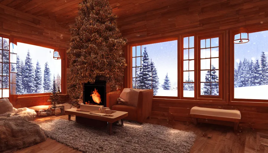 Image similar to spacious warm cozy snowplow interior, intricate and decorated, winter landscape outside, volumetric lighting, photorealistic rendering, hyperreal