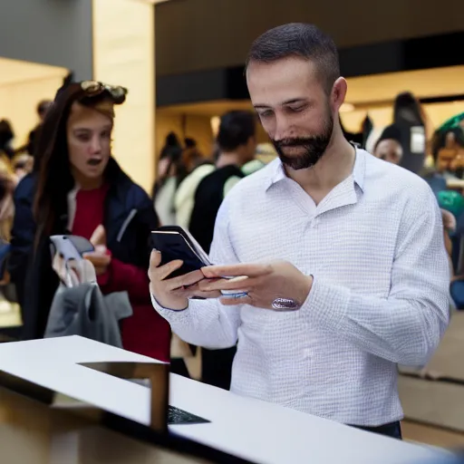 Prompt: jesus christ buying an iphone at the apple store