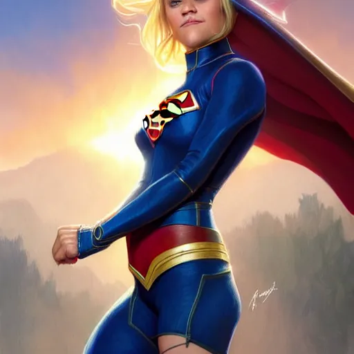 Image similar to Reese Witherspoon as Super Girl, western, D&D, fantasy, intricate, elegant, highly detailed, digital painting, artstation, concept art, matte, sharp focus, illustration, art by Artgerm and Greg Rutkowski and Alphonse Mucha