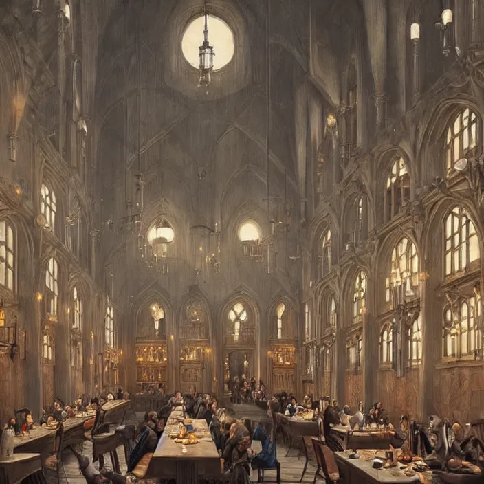 Prompt: interior view of hogwarts dining hall by tom bagshaw