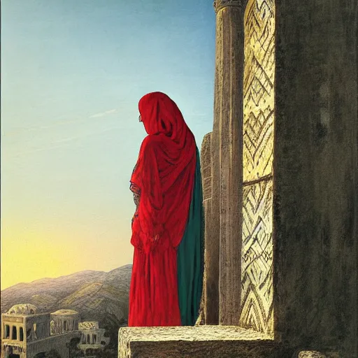 Prompt: Beautiful Arabian woman with a veil looking out of her arabian balcony towards greek ruins of temples at dawn. Painting by gustave dore. Colored painting. Detailed photorealistic painting with dark background.