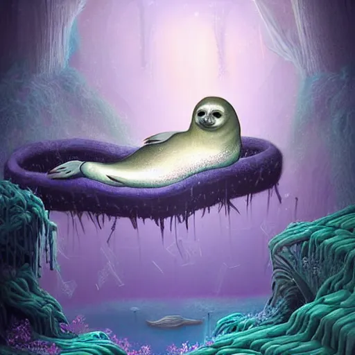 Image similar to beautiful digital fantasy illustration of a Prince in pastel!!!, whimsical acrylic modern pop surrealism, Even Giger-y dark overlords living in the ruins of an ancient system of tunnels and caves like to be comfy every once in a while!, A seal sleeping peacefully in a kelp forest, highly detailed, soft lighting, rendered in octane, masterpiece, very very very aesthetic