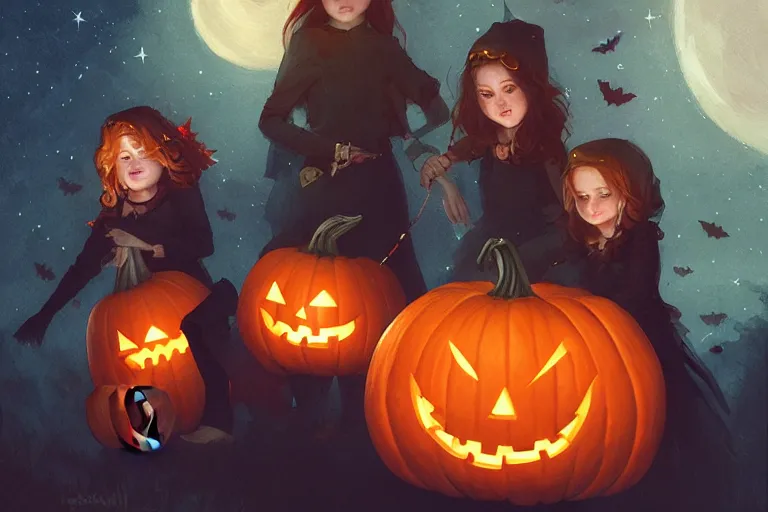 Image similar to portrait of halloween trick or treaters, star filled night sky neightborhood with pumpkins background, charlie bowater, artgerm, ilya kuvshinov, krenz cushart, ruan jia, realism, ultra detailed, 8 k resolution