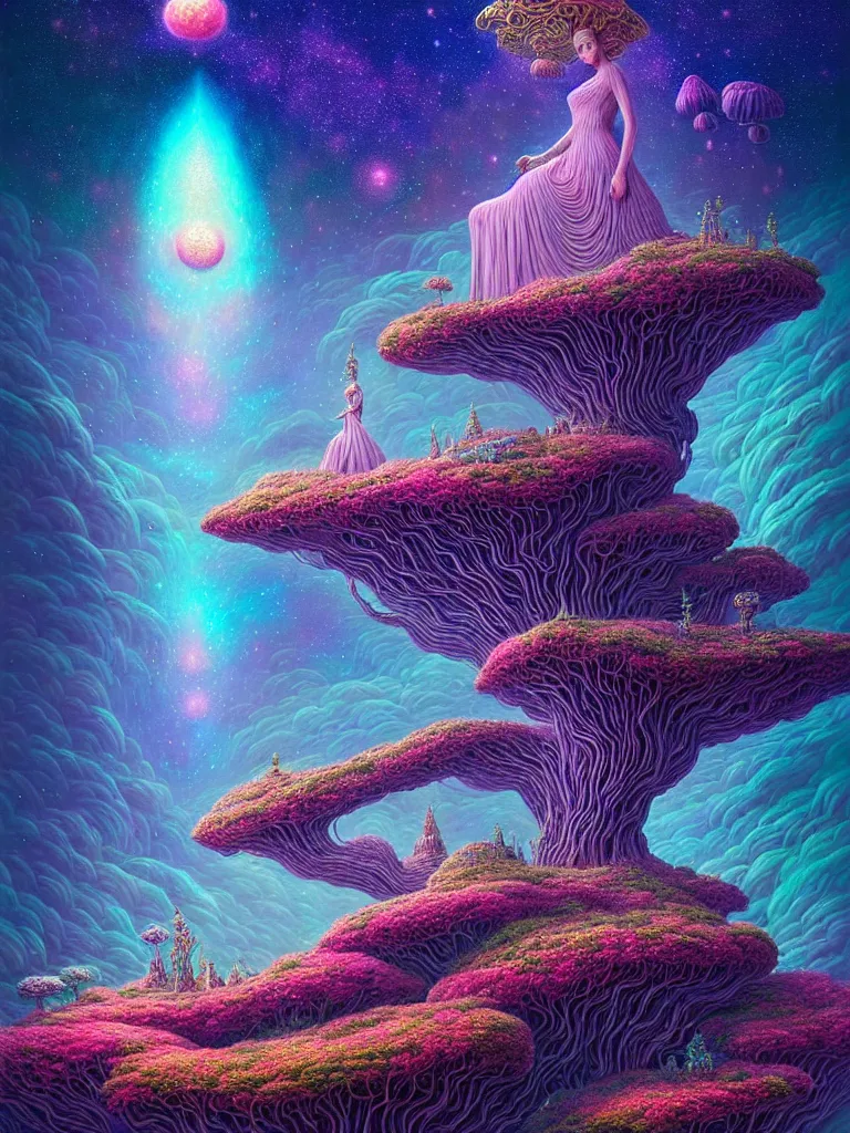 Prompt: portrait of queen of dreams, extremely beautiful, floating among many nebula stars with lots of gigantic 🍄 and bonsai 🌳, symmetrical composition, by gediminas pranckevicius, jacek yerka, rob gonsalves, peter gric, digital painting, octane rendered, crepuscular rays, neon cyberpunk colors vibrant colors, trending on artstation