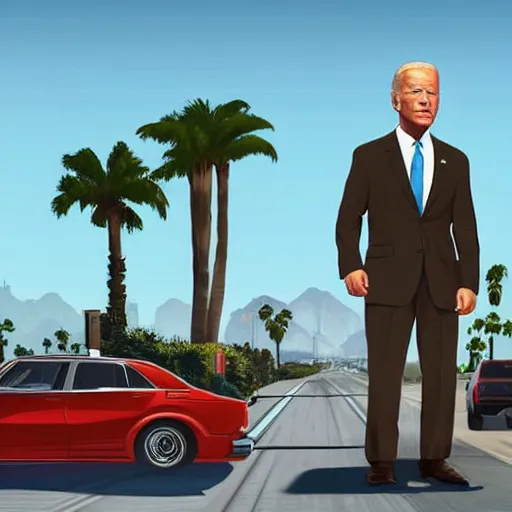 Image similar to Joe Biden in GTA V. Los Santos in the background, palm trees. In the art style of Stephen Bliss