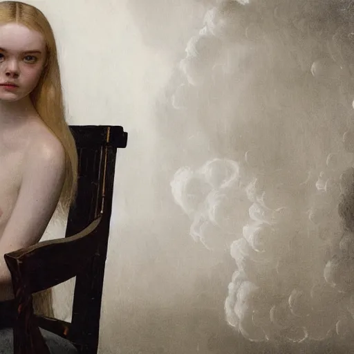 Prompt: Elle Fanning sitting on a white leather chair in the world of Rembrandt, head and shoulders portrait, stormy weather, extremely detailed masterpiece, oil on canvas, low-key neon lighting, artstation, Blade Runner 2049, Roger Deakin’s cinematography, by J. C. Leyendecker and Peter Paul Rubens and Edward Hopper and Michael Sowa,