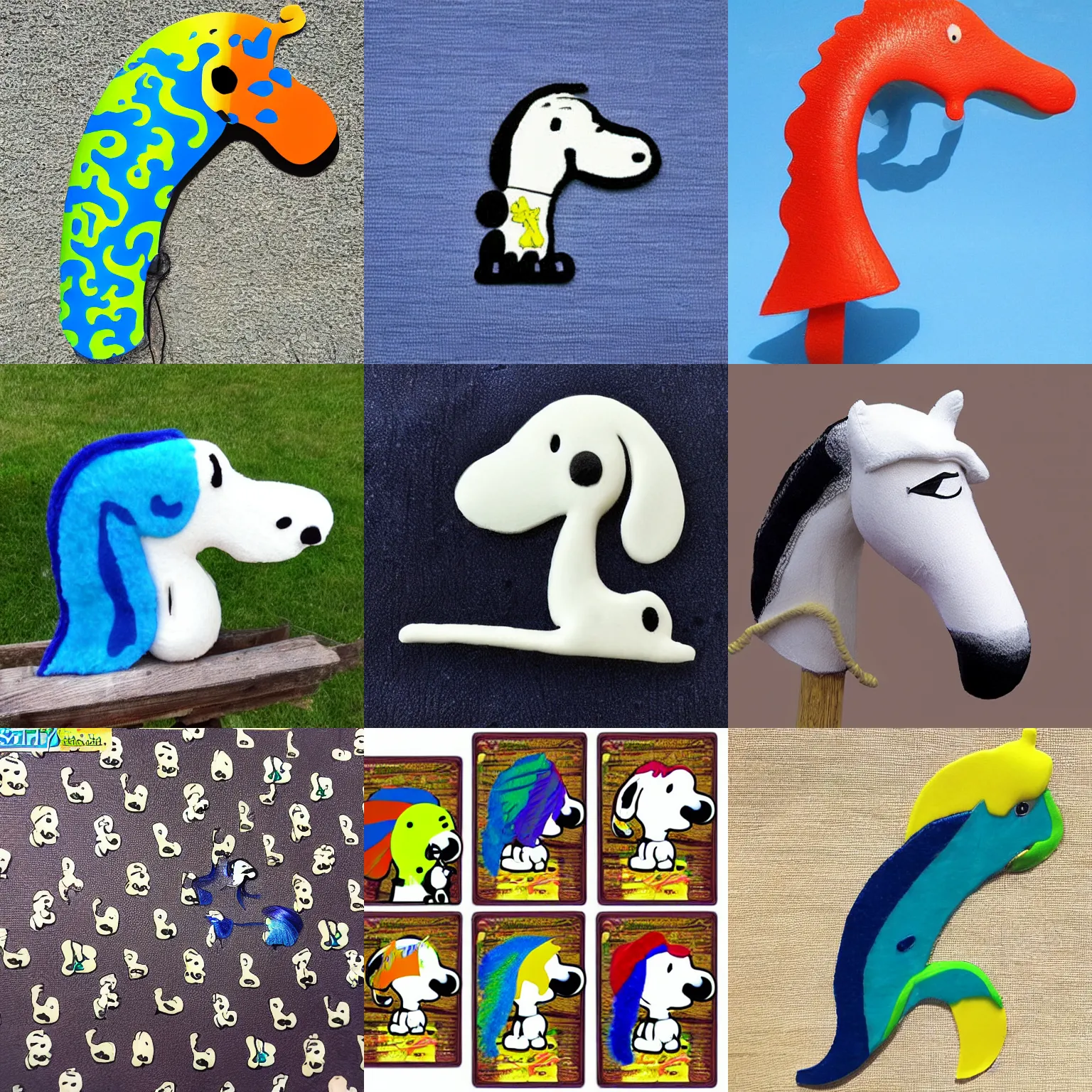 Prompt: top part snoopy head mix down part sea horse curved tail, realistic