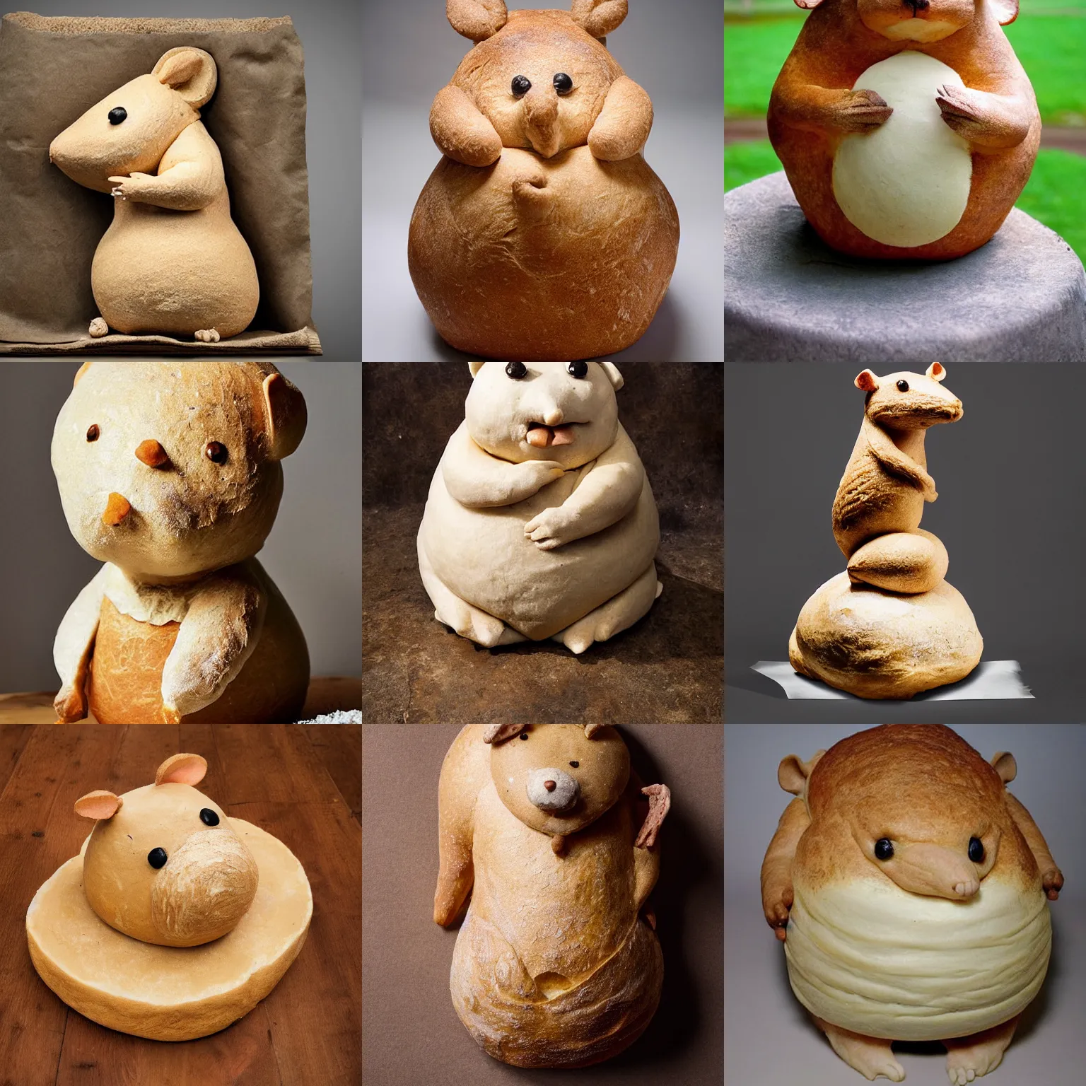 Prompt: sourdough bread sculpture of a chubby rat, dough sculpture, animal - shaped bread, rat, photograph