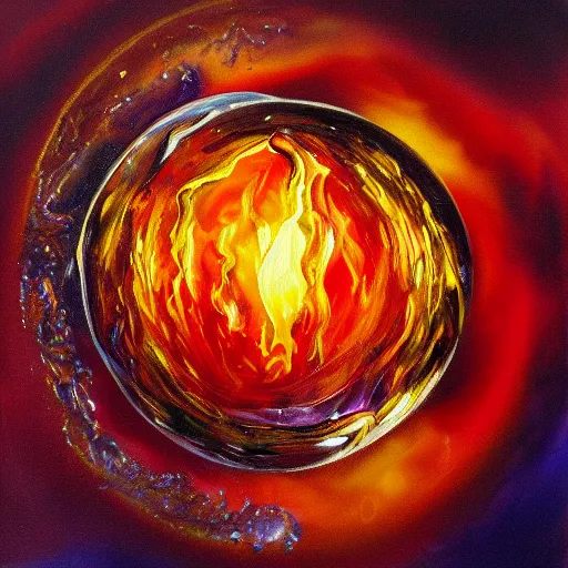 Image similar to soap bubble with fireball inside, oil painting