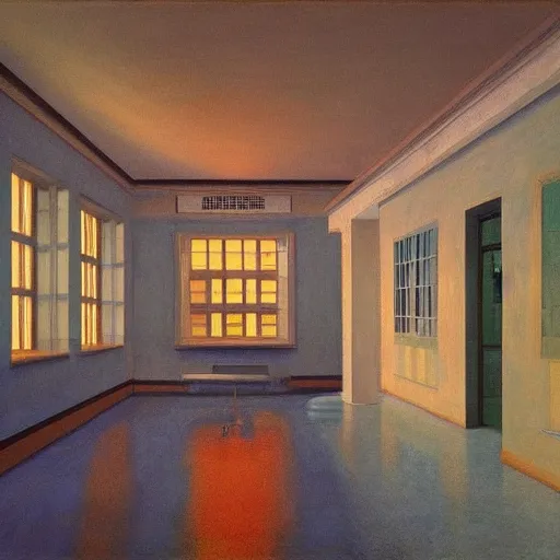 Prompt: an hospital, hyperrealistic film still by edward hopper, by gottfried helnwein, by klimt, by paolo uccello, art nouveau, highly detailed, strong lights, liminal, eerie, symbolist, bright pastel colors