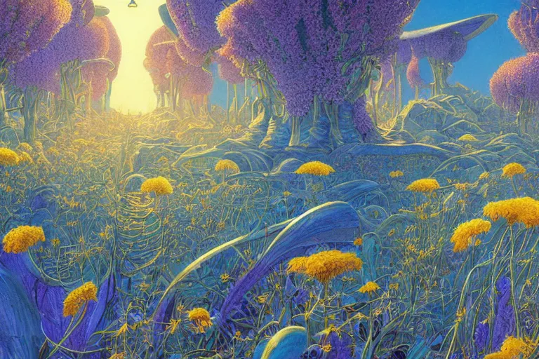 Prompt: evangelionic illustration, a lot of exotic deep blue vegetation, tall thin lavender trees, tremendous bounty, gold iridescent flowers, oldschool vintage sci - fi flat surreal design, super - detailed, digital oil painting by moebius, hd, 4 k, high quality