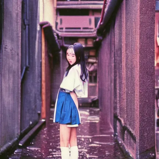 Image similar to 1990s perfect 8K HD professional cinematic photo of close-up japanese schoolgirl posing in sci-fi dystopian alleyway at morning during rain, at instagram, Behance, Adobe Lightroom, with instagram filters, depth of field, taken with polaroid kodak portra