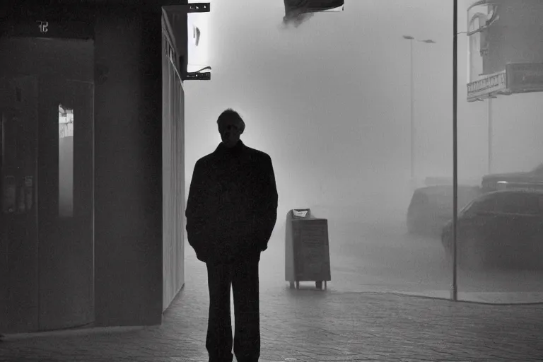 Image similar to an ultra realistic cinematic headshot portrait of an evil scientist, stood outside a corner shop, foggy, detailed, deep focus, movie still, dramatic lighting, by fay godwin