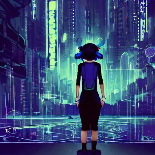 Image similar to Frequency indie album cover, luxury advertisement, blue filter, blue and black colors. Clean and detailed post-cyberpunk sci-fi close-up schoolgirl in asian city in style of cytus and deemo, blue flame, relaxing, calm and mysterious vibes, by Tsutomu Nihei, by Yoshitoshi ABe, by Ilya Kuvshinov, by Greg Tocchini, nier:automata, set in half-life 2, GITS, Blade Runner, Neotokyo Source, Syndicate(2012), dynamic composition, beautiful with eerie vibes, very inspirational, very stylish, with gradients, surrealistic, dystopia, postapocalyptic vibes, depth of field, mist, rich cinematic atmosphere, perfect digital art, mystical journey in strange world, beautiful dramatic dark moody tones and studio lighting, shadows, bastion game, arthouse