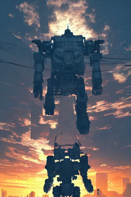 Image similar to A real photo of a Mechwarrior in battle stance, a sunset in the distance, by Josan Gonzalez, Yoji Shinkawa and Geof Darrow, highly detailed, Unreal Engine Render, lots of neon lights on the robot, 3D, 8k wallpaper, uplight