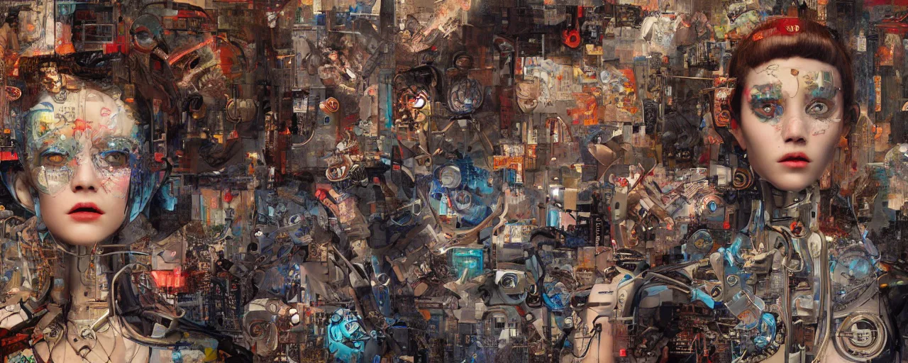 Prompt: portrait of robots working, collage art, mixed media, enchanting, part by james jean, part by ross tran, dramatic lighting, highly detailed, 8 k, vibrant