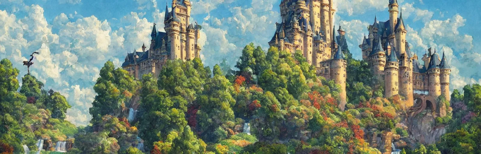 Prompt: a castle in the sky,painting,art nouveau,moat into waterfalls