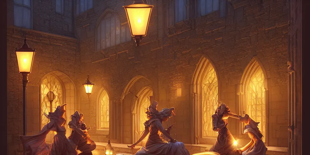 Image similar to a castle courtyard landscape, twilight, lamps, lit windows, digital illustration by michael whelan and leyendecker and artgerm, intricate details, surreal, photorealistic, award winning