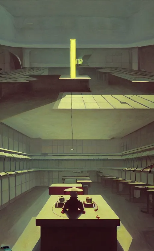 Image similar to Inside a Nuclear Secret Facility, very coherent, painted by Edward Hopper, Wayne Barlowe, painted by James Gilleard, airbrush, art by JamesJean