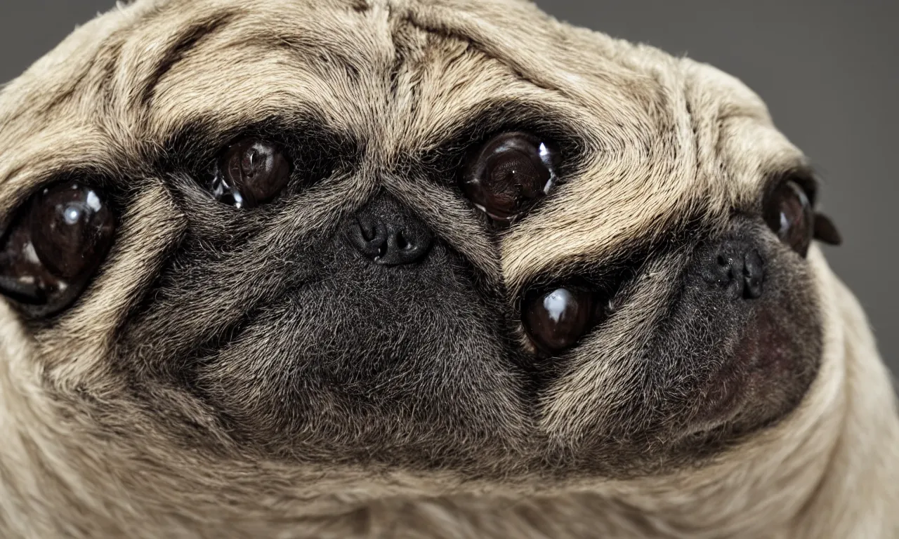 Image similar to pug sloth hybrid, chymera, in laboratory panoramic, wide depth of field, 8 k