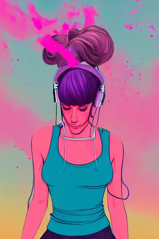 Image similar to a award winning half body portrait of a beautiful woman in a croptop and cargo pants with ombre purple pink teal hairstyle with head in motion and hair flying listenin to music on headphones by wlop, paint splatter, outrun, vaporware, shaded flat illustration, digital art, trending on artstation, highly detailed, fine detail, intricate