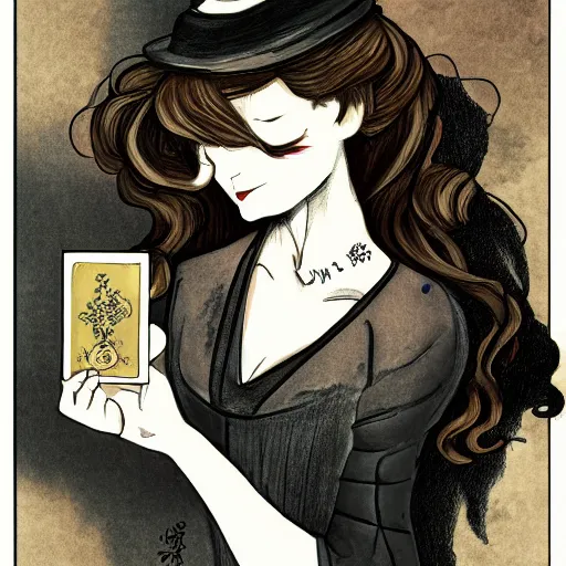 Image similar to a drawing of a woman holding a card, a character portrait by yuumei, featured on pixiv, rococo, tarot card, freakshow, rococo