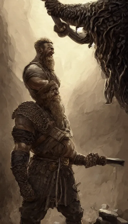 Prompt: the blacksmith, very strong, muscular, big hammer, anvil, beard, fame of thrones, fibonacci,, intricate fashion clothing, insane, intricate, highly detailed, surrealistic, digital painting, artstation, concept art, smooth, sharp focus, illustration, Unreal Engine 5, 8K, art by artgerm and greg rutkowski and alphonse mucha