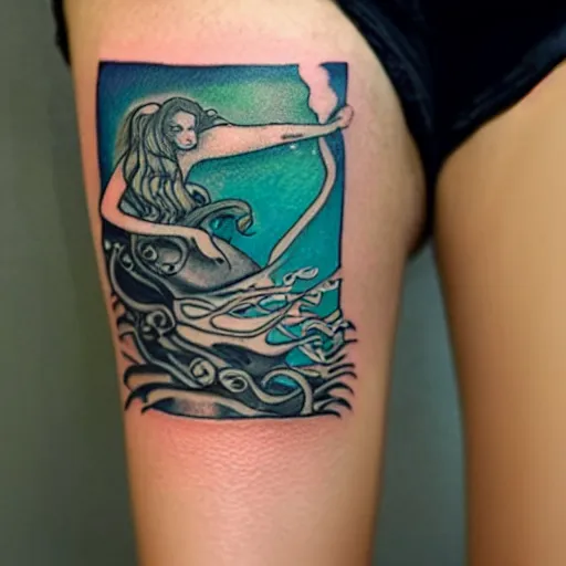 Prompt: tattoo of cute mermaid robots swimming through sea grass and kelp with light rays underwater