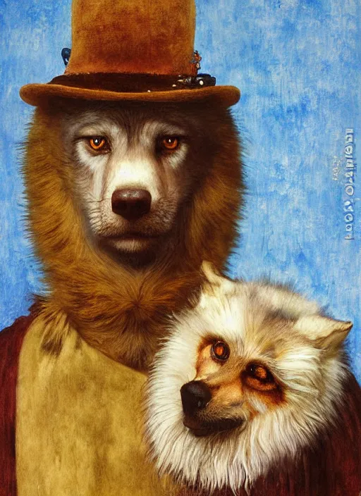 Prompt: a portrait of a male a dogman wolfman canine with human blue eyes wearing aristocratic male clothes, a table with cheese and salami, titian, sam spratt, maxfield parrish, gustav klimt, tom bagshaw, mark ryden, alphonse mucha, rembrandt, high quality, painting, oil