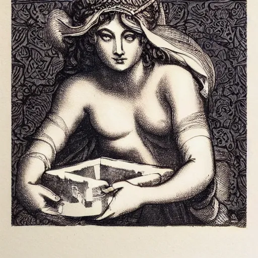 Image similar to Greek mythology pandora opening her box, block print, chiaroscuro, very beautiful, award-winning